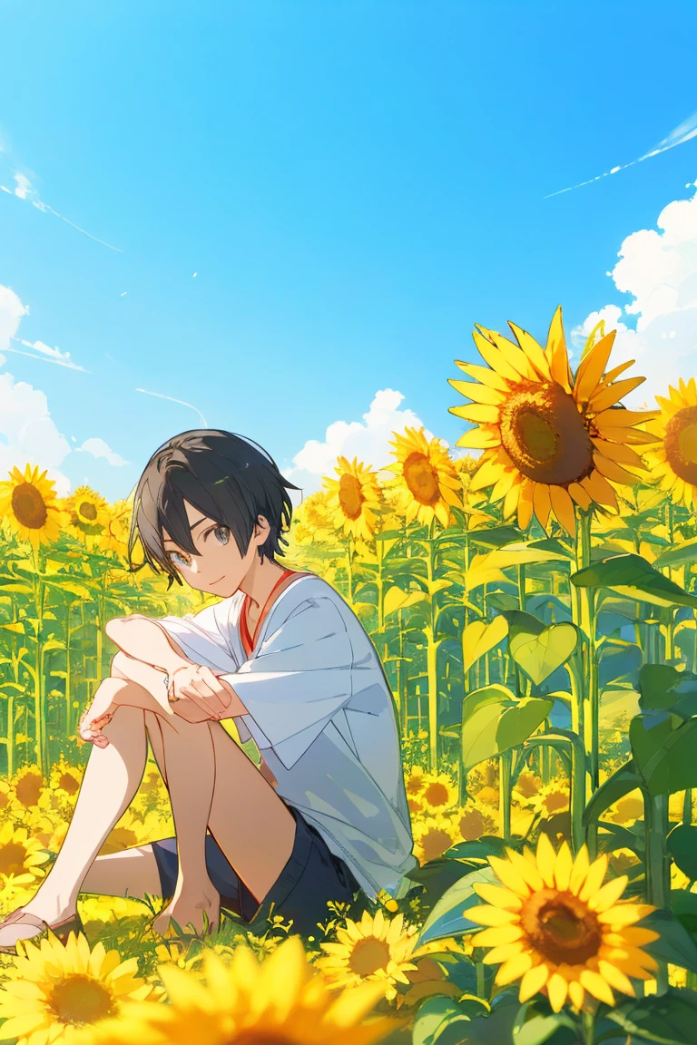 Painting of a boy sitting in a flower bed, 1boy, coronation of Prince of Flowers, Official Anime Artwork, Prince of Flowers, scene : Sunflower field, scene: Sunflower field, bright summer day, Poster ; summer, Official artwork, Yellow sunshine, shigenori soejima illustration, Beautiful sunflower anime girl, Anime Cover, Bright sunny day