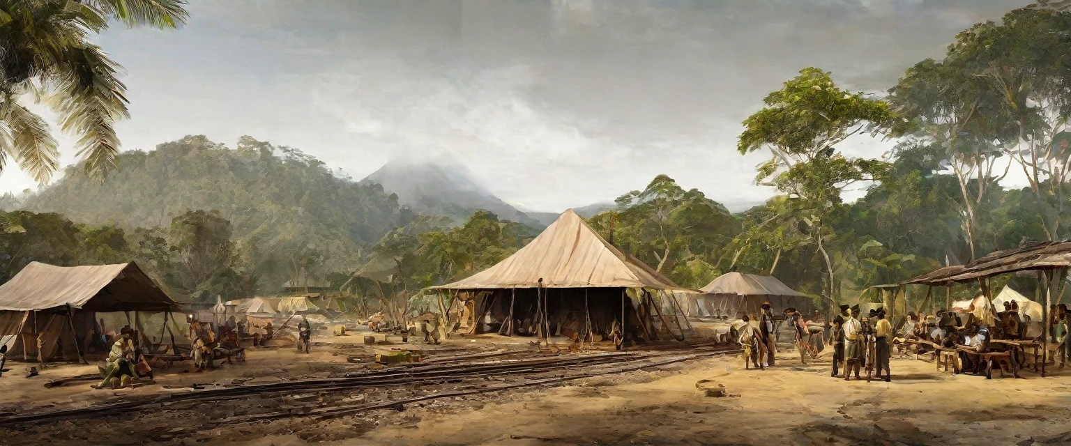 Create a realistic image of a gathering area for railway construction workers in 1890 near the Tapah Road station. Show colonial-era tents or makeshift shelters, tools, and supplies scattered around. The background should feature lush jungle terrain and partially constructed railway tracks. Use clear, realistic colors with no people present. The style should resemble historical photographs with sharp details.