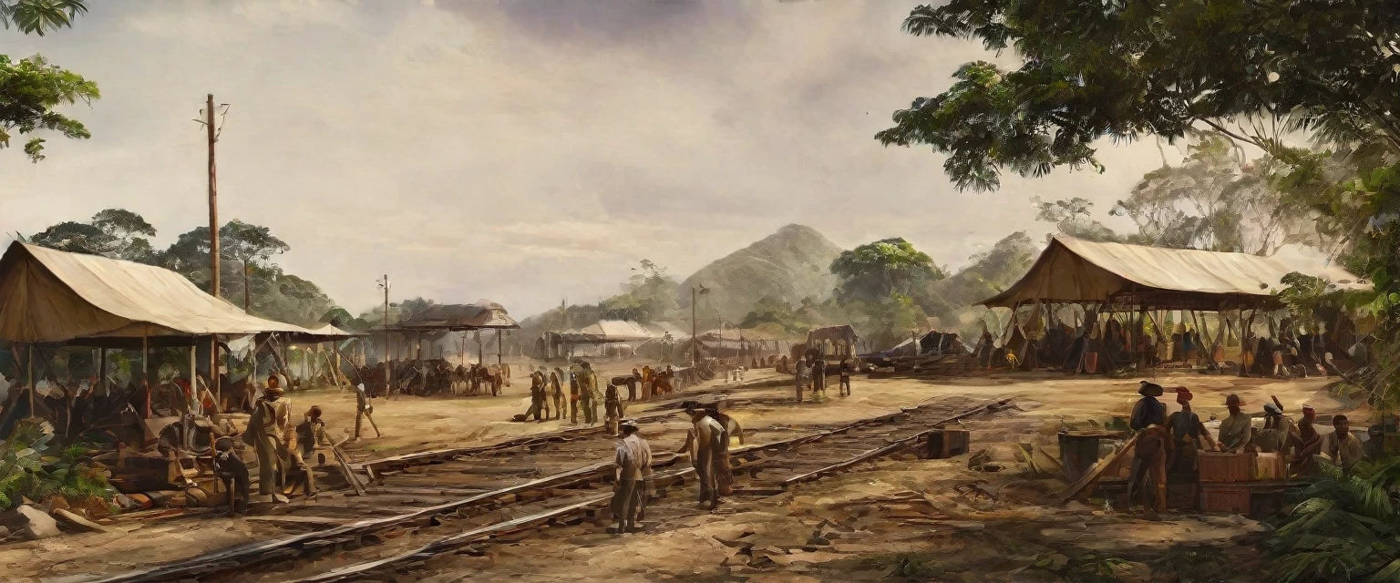 Create a realistic image of a gathering area for railway construction workers in 1890 near the Tapah Road station. Show colonial-era tents or makeshift shelters, tools, and supplies scattered around. The background should feature lush jungle terrain and partially constructed railway tracks. Use clear, realistic colors with no people present. The style should resemble historical photographs with sharp details.