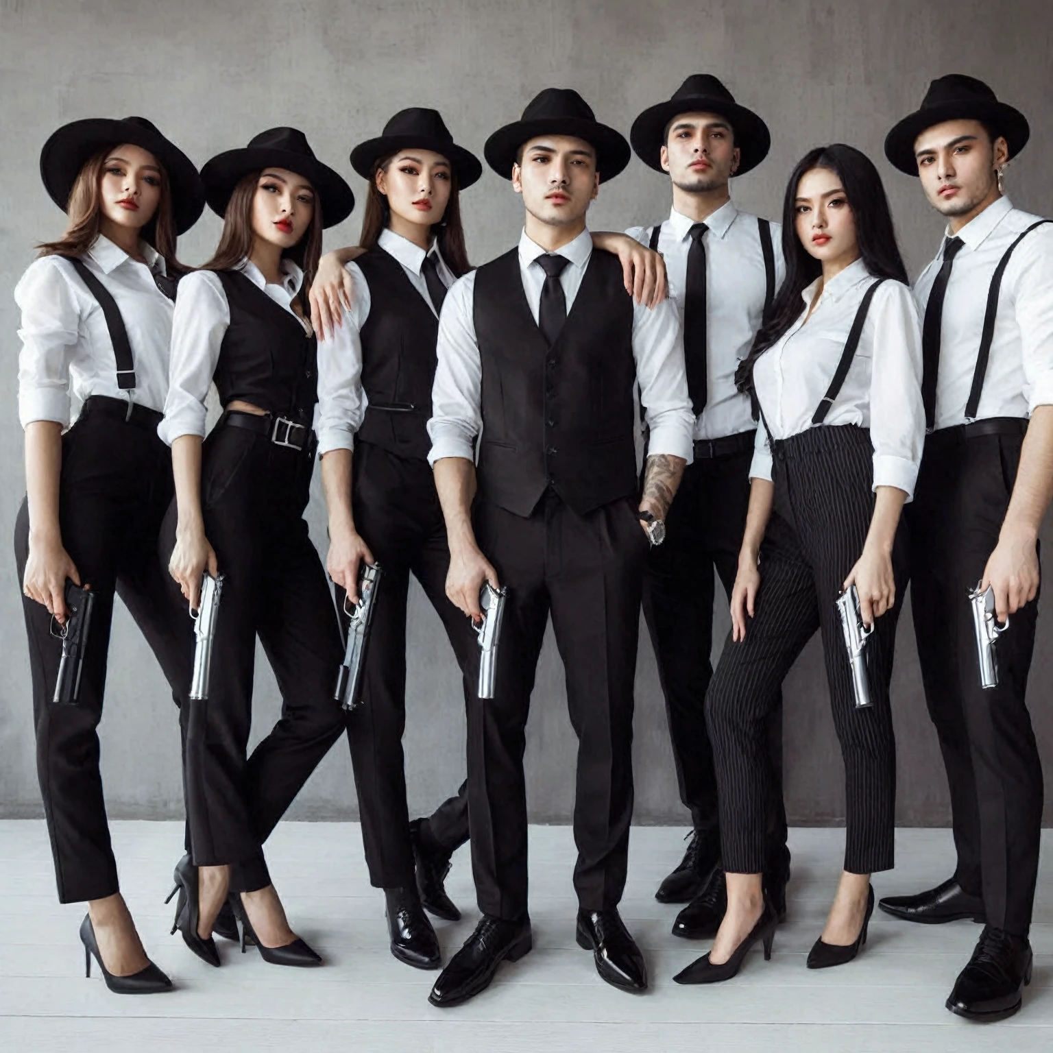 group photos must consist of 6 people; 1 men along with 5 women wearing matching mafia clothes standing posing for photo shoot in front of gray wall, White shirt, Black vest, Black trousers, Hat, Black shoes, Stick and Gun, mafia outfit, mafia styles, cool candid pose, perfect fingers, intricate details, photorealistic, realistic human, UHD, high quality photos, 16K