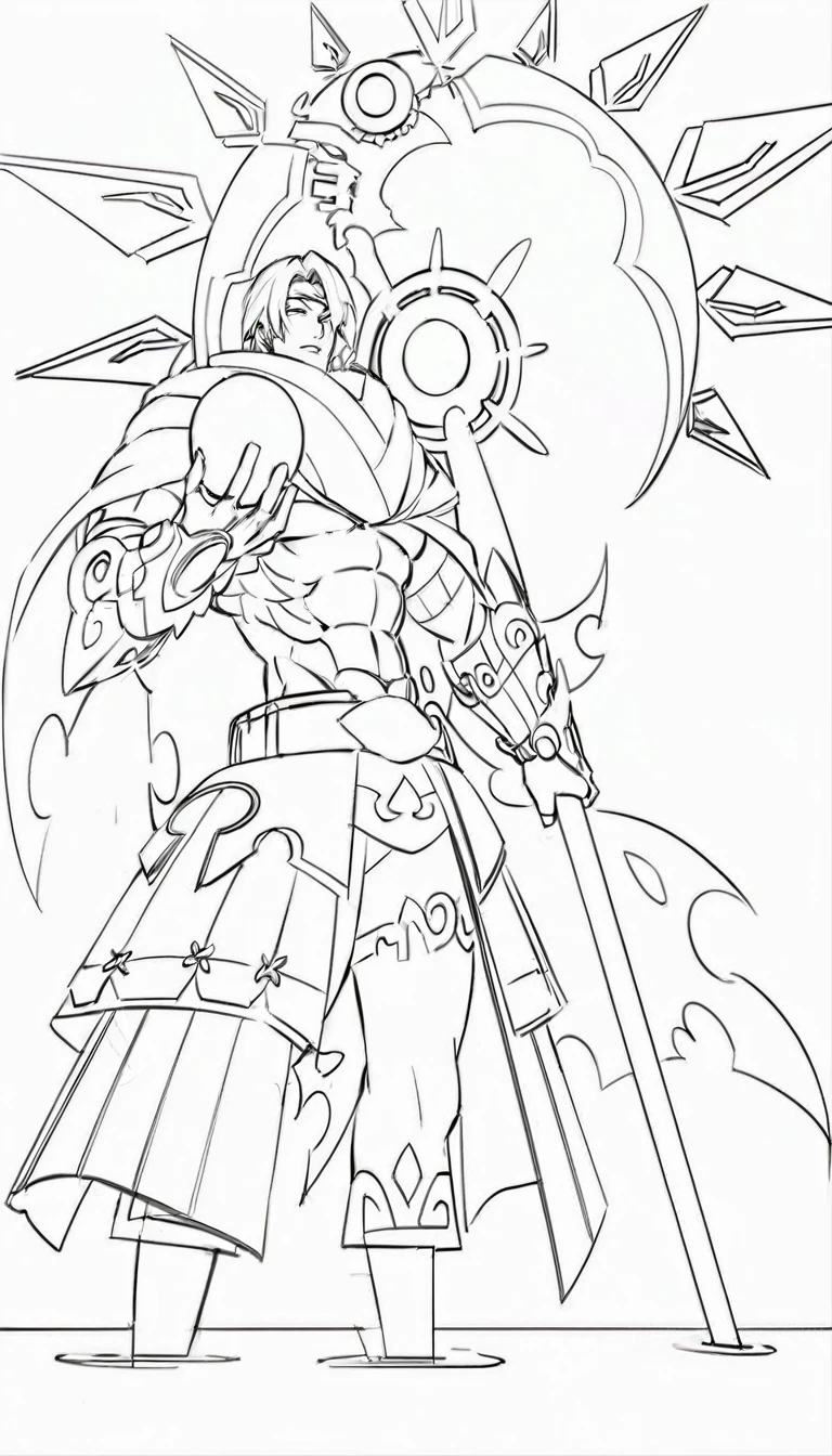 Make the drawing Colourful with colours ,Colourful Anime Drawing , A muscular physique man in warrior outfits , holding a ball of light and large intricate spear