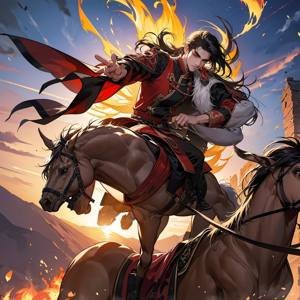 1 handsome genghis khan, manly, handsome, riding horse, demon slayer, 8k, hd, unreal engine,