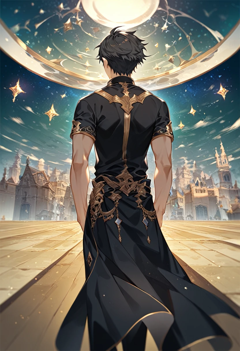 ung man, focus man , No smile, human, short hair, black hair, dark black eyes ,He wore a black shirt with some gold embroidery. , Wear black jewelry , Fantasy, very detailed, Masterpiece, best quality, very detailed), (((lonely)))) , A man standing on the bridge,There is a medieval town in the background., ((back view)), ((whole body)), (Highly detailed), (complicated details), complicated, This scene is very beautiful., Detailed Environment, highly Detailed Environment, illustrator, (Masterpiece).