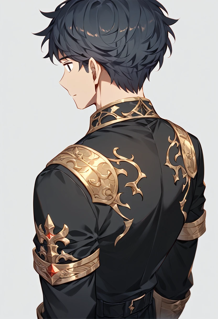 1 young man, focus man , No smile, human, short hair, black hair, dark black eyes ,He wore a black shirt with some gold embroidery. , Wear black jewelry , Fantasy, very detailed, Masterpiece, best quality, very detailed), (((lonely)))) , A man standing on the bridge，There is a medieval town in the background., ((back view)), ((whole body)), (Highly detailed), (complicated details), complicated, This scene is very beautiful., Detailed Environment, highly Detailed Environment, illustrator, (Masterpiece).