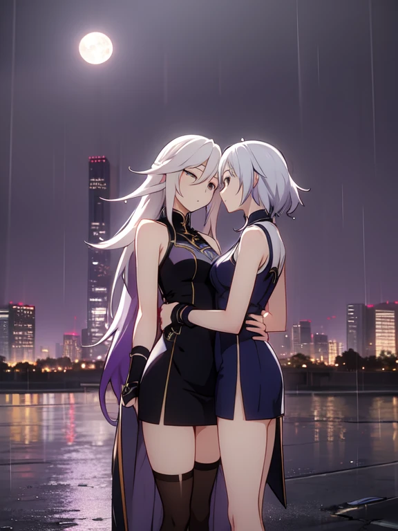 アニメ,twins,White hair,stockings,mature woman,rain,night city