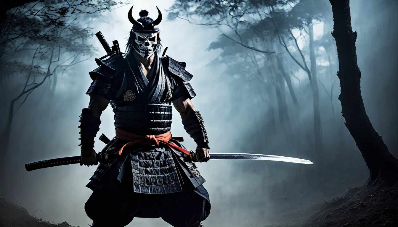 A futuristic gothic style Samurai, a samurai wielding a katana, strong as a bodybuilder. In a tense and threatening atmosphere, with deep shadows and between the trees a 2 meter samurai skull lurks, "lunar illumination, fog, mist, high angle view, the samurai with his back looking fixedly at the samurai skull in the middle of the darkness dressed in Japanese armor all shattered, dark war battlefield, low lighting. The images were formed in such a way as to exude fear among all who witness their presence, in a horror style.