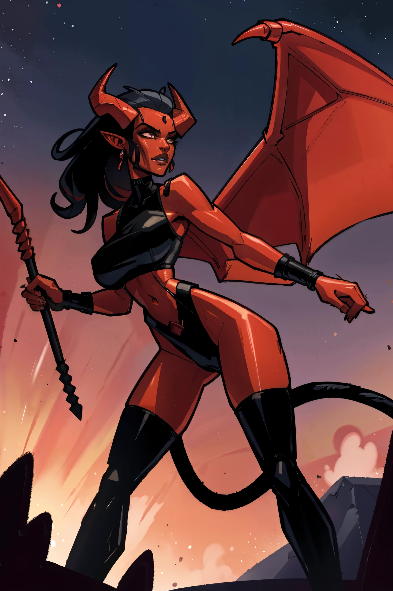 Red skin succubus tiefling, digitigrade legs, full breasts, huge breasts, black horns, wings, huge tail, black leather, crop top, long flowing pelvic curtain, tall, athletic, graceful, thin, long black ponytail. Action scene, whip. Dark scene, explosions, night sky.