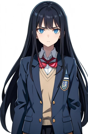 standing, from front, cowboy shot,one girl, Black hair, long hair, straight hair,Blue eyes, white skin, worried, scared, intelligent, teenager, high school girl, , jacket/blazer, slim, looking at viewer, white background