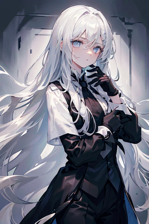 long, wavy silver hair and striking silver eyes. The character's expression is serious and intense. They are wearing black gloves and holding one hand close to their mouth. The outfit is a black vest and a white blouse underneath as well as black pants. The background is a dark, monochromatic gradient, which emphasizes the character's dramatic appearance.