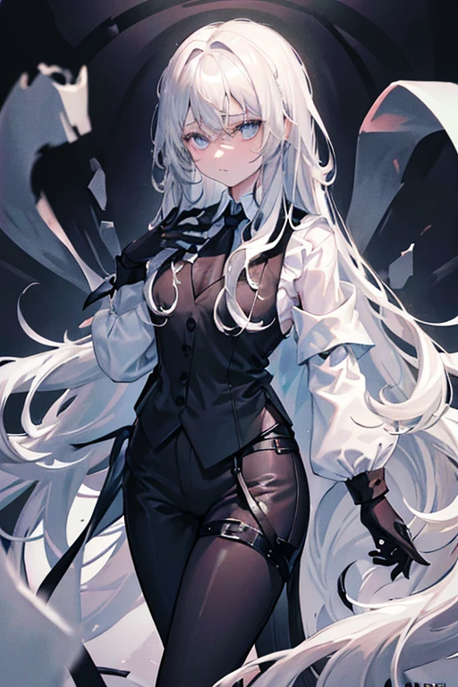long, wavy silver hair and striking silver eyes. The character's expression is serious and intense. They are wearing black gloves and holding one hand close to their mouth. The outfit is a black vest and a white blouse underneath as well as black pants. The background is a dark, monochromatic gradient, which emphasizes the character's dramatic appearance.