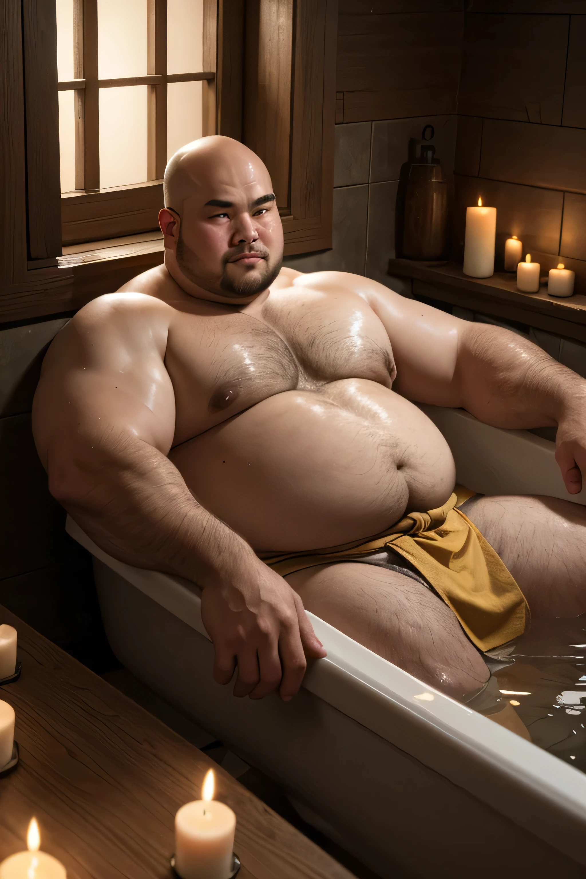 (8K, high definition, high quality, highly detailed) Handsome bald Chinese chub. obese. big tummy. bathing in a bathtub. wearing a loincloth. medieval style. d & d style. green and brown color palette. candles around the bathtub a bowl of fruits. a window behind him. evening. full moon. blurred background