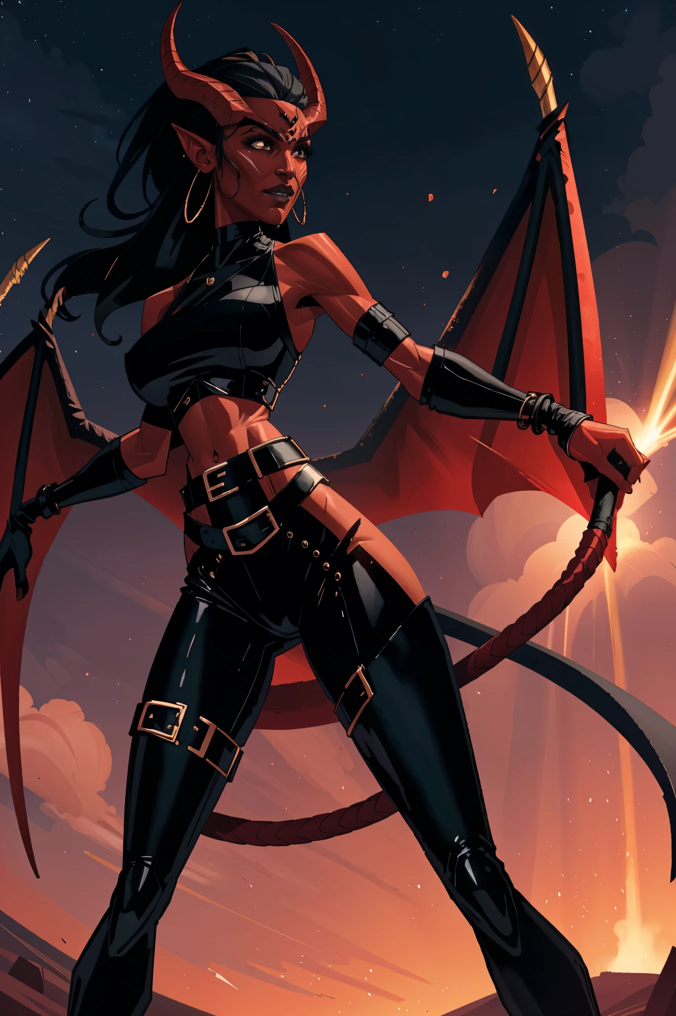 Red skin succubus tiefling, digitigrade legs, full breasts, huge breasts, black horns, wings, huge tail, black leather, crop top, long flowing pelvic curtain, tall, athletic, graceful, thin, long black ponytail. Action scene, whip. Dark scene, explosions, night sky.