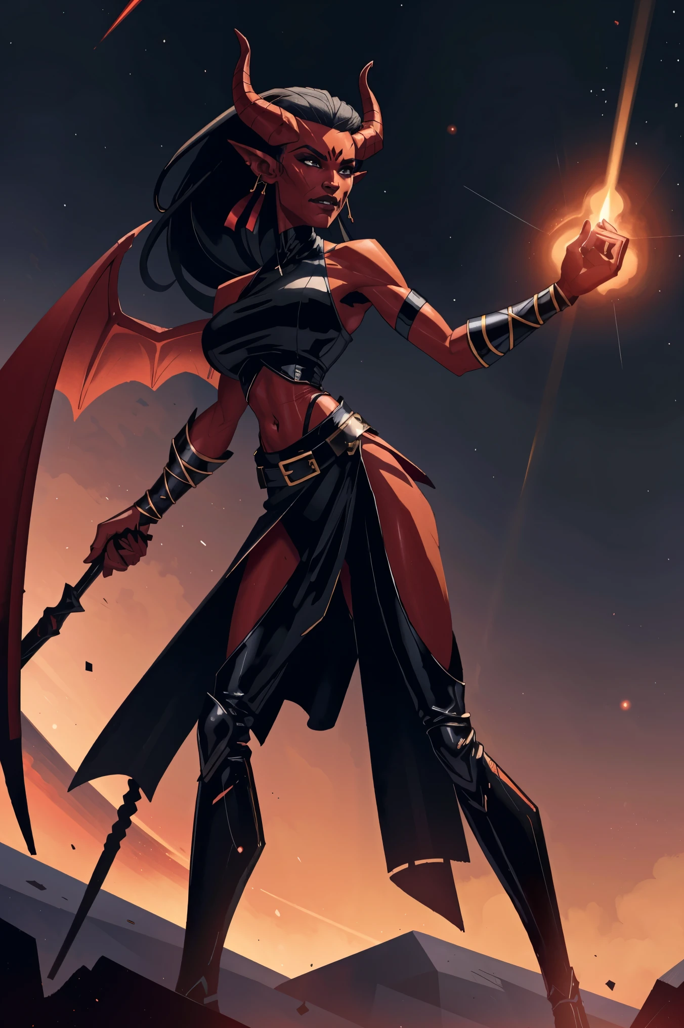 Red skin succubus tiefling, digitigrade legs, full breasts, huge breasts, black horns, wings, huge tail, black leather, crop top, long flowing pelvic curtain, tall, athletic, graceful, thin, long black ponytail. Action scene, whip. Dark scene, explosions, night sky.