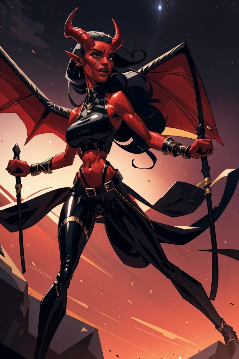 Red skin succubus tiefling, digitigrade legs, full breasts, huge breasts, black horns, wings, huge tail, black leather, crop top, long flowing pelvic curtain, tall, athletic, graceful, thin, long black ponytail. Action scene, whip. Dark scene, explosions, night sky.