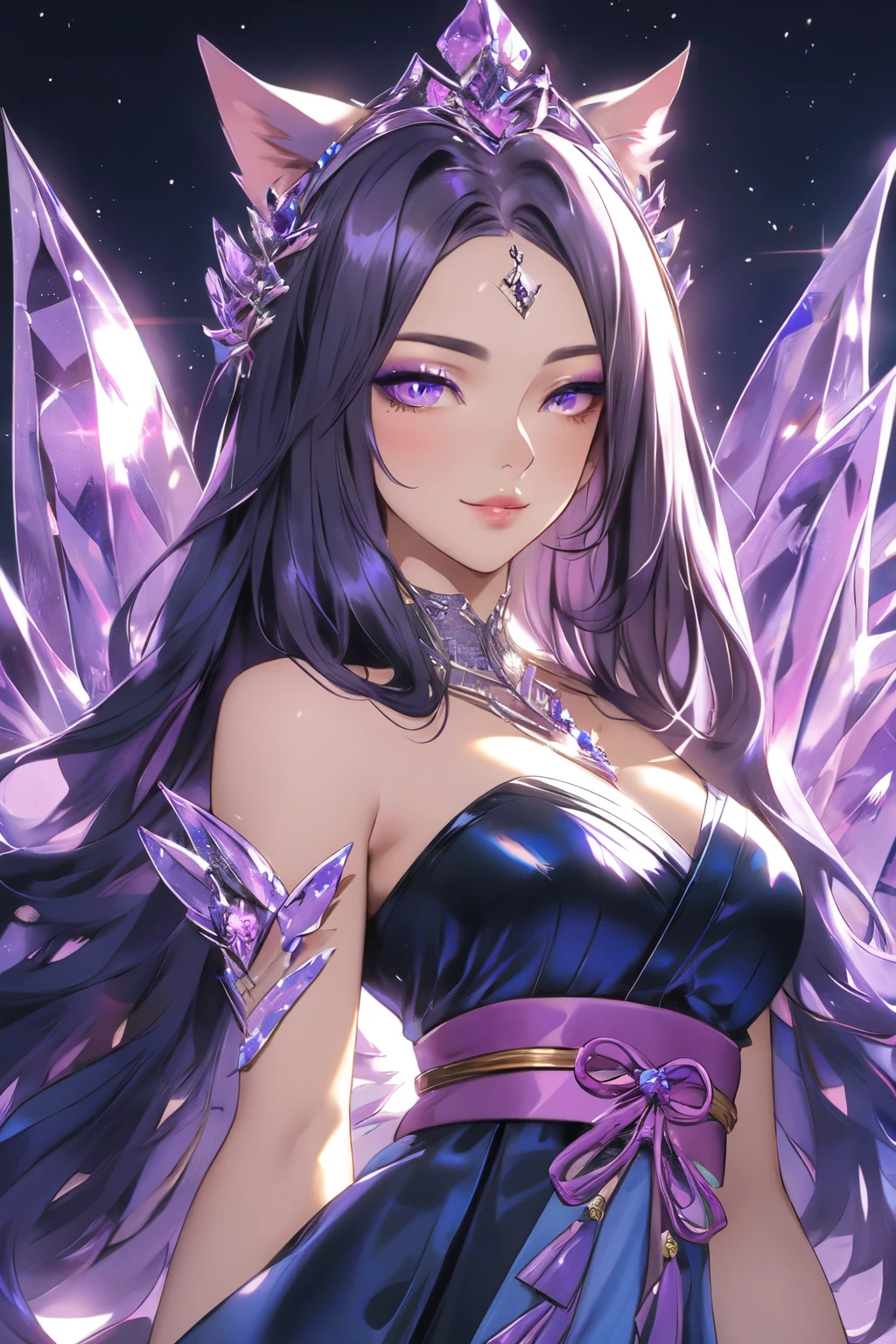 ((best quality)), ((masterpiece)), (detailed), detailed eyes, detailed hands, full-length body image, full-length body portrait, female humanoid kitsune, wearing a short kimono, crystal crown on top of her head, purple hair, purple fox ears, 2 purple crystal fox tails, 1 crystal eight-pointed star shape on forehead, delicate and beautiful detailing, beautiful face, well-proportioned detailed purple eyes, round detailed purple eyes and makeup, beautiful detailed and clear purple eyes, volume smooth and sharp, long flat bangs, fictional art, best photos, best quality, very beautiful and meticulous eight-pointed crystal star on forehead, delicate, mouth closed smile, not fully smiling, with a starry background