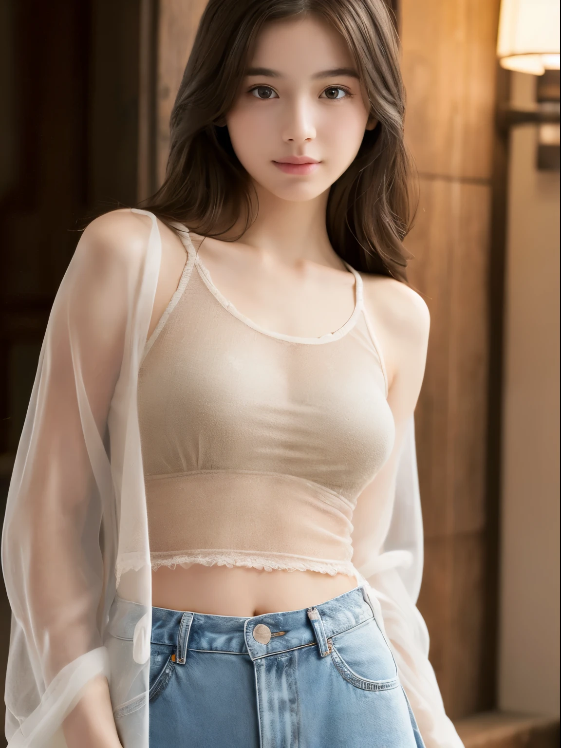(8k, Top quality, Masterpiece:1.2), (Realistic, photo-realistic:1.37), Super detailed, perfect anatomy, cute, small eyes, sheer jacket, 18-years old, a Japanese, girl, tank top, night, pants,
