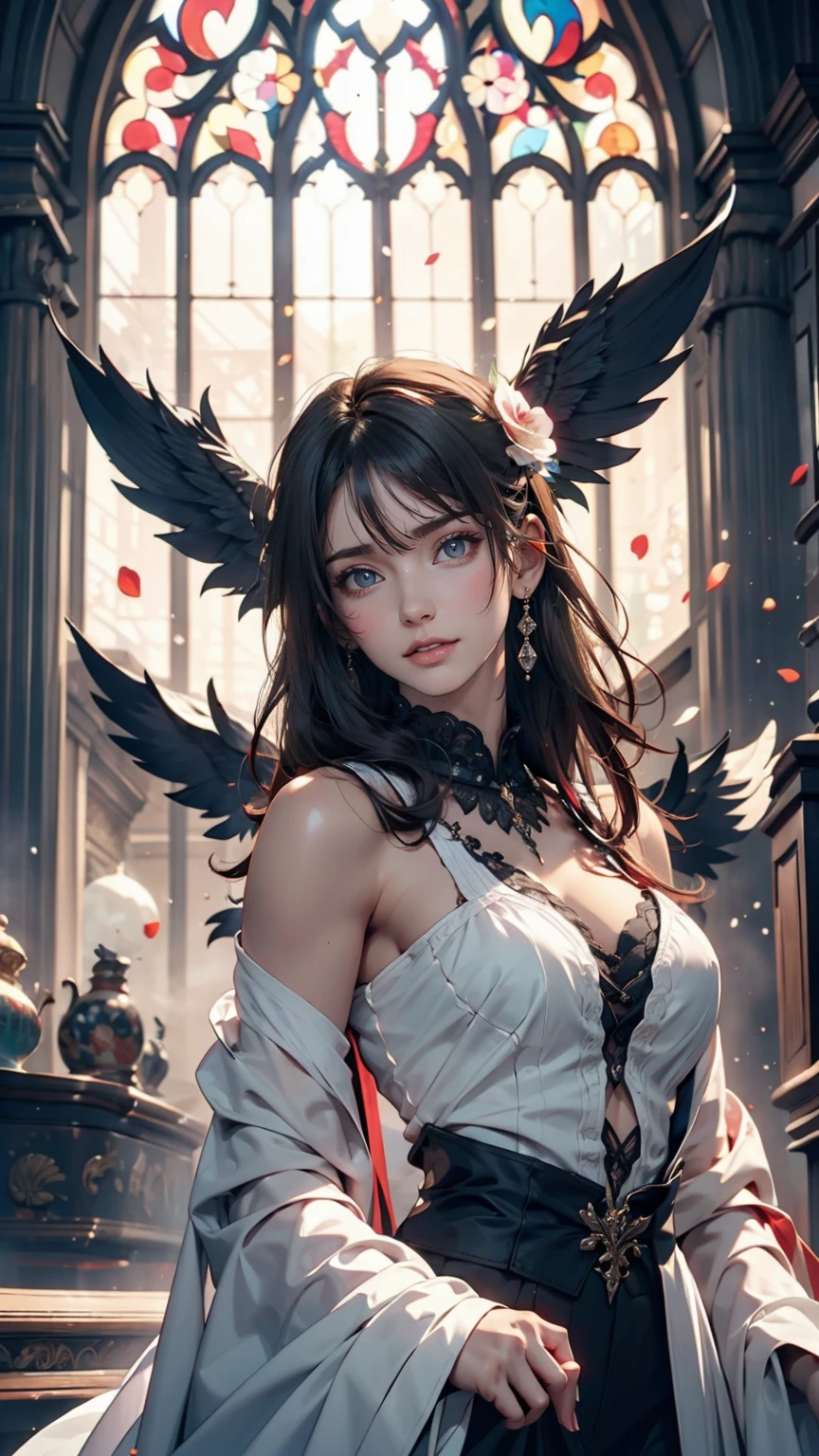 Beautiful flower angel, Futuristic Gothic style, Highly detailed face and body, Anime Style, Realistic, Cinema Lighting, Intricate floral pattern, Mysterious Wings, Dramatic Pose, Moody color palette, Volumetric Light Effects, Ultra-realistic textures, Flamboyant Gothic architecture, Amazing digital art