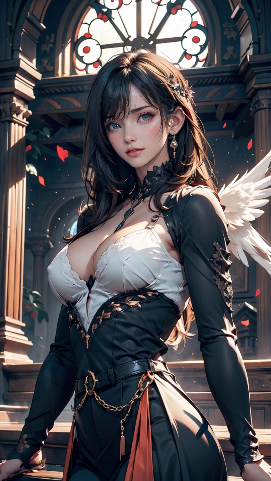 Beautiful flower angel, Futuristic Gothic style, Highly detailed face and body, Anime Style, Realistic, Cinema Lighting, Intricate floral pattern, Mysterious Wings, Dramatic Pose, Moody color palette, Volumetric Light Effects, Ultra-realistic textures, Flamboyant Gothic architecture, Amazing digital art