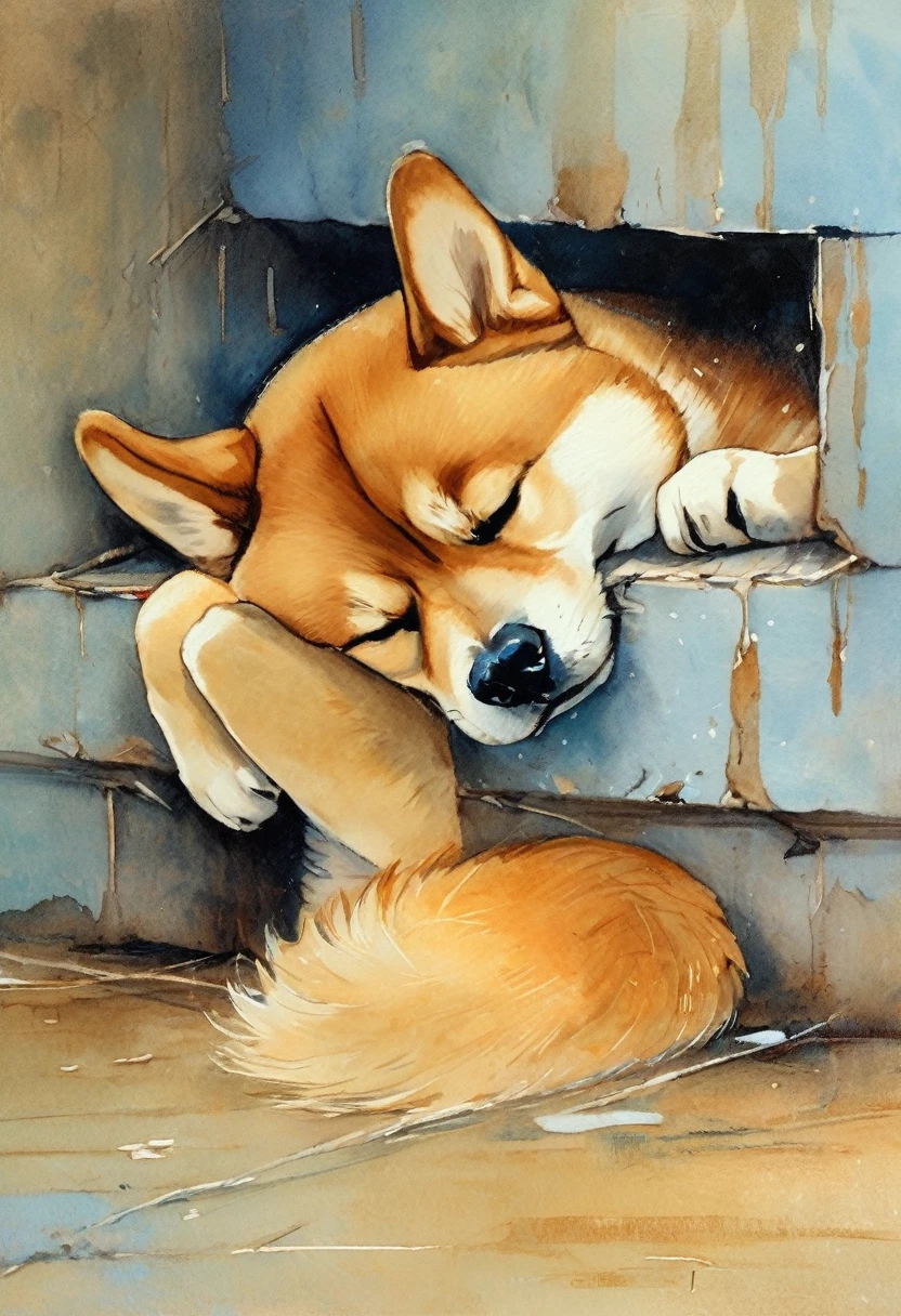 (Highest quality:0.8), (Highest quality:0.8), Perfect illustration: Sad Shiba Inu curled up in a corner, Tears running down hairy cheeks, Those eyes convey a deep sense of despair., The atmosphere in the room is heavy with sadness., soft pastel painting, Capturing a dog's weaknesses and emotions,