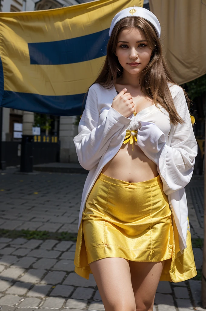 femme ukrainienne, corps entier, beau visage, jolie corps, (robe traditionel), smirk, (drapeau Ukrainien en fond), ((dans la ville de Lviv)),grande place de l'opéra