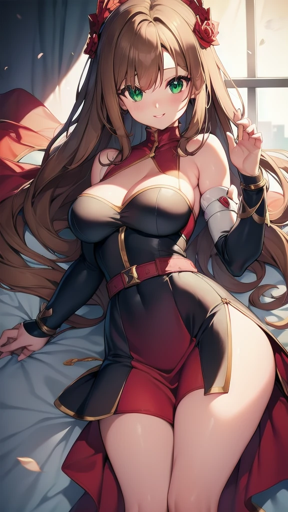 (masterpiece, best quality, ultra-detailed, best shadow), solo girl, light brown hair, green eyes, long hair, medium breasts, sexy body and face, wavy hair, smile, parted lips, red lips, circlet, skirt, bridal gauntlets, jewelry, cape, bare shoulders, sandals, sleeveless dress, red cape, long sleeves, wide sleeves, side slit, white dress, detached sleeves, turtleneck, ribbon, pink dress, fingerless gloves, cafe, sexy pose, cowboy shots, sharp focus, vibrant, creative, dynamic, high definition, high resolution, 8k, (Upscale: R-ESRGAN 4x+ Anime6mage enchance:4x), voluptuous body, cinema lightning, dakimakura style, looking at the viewer,