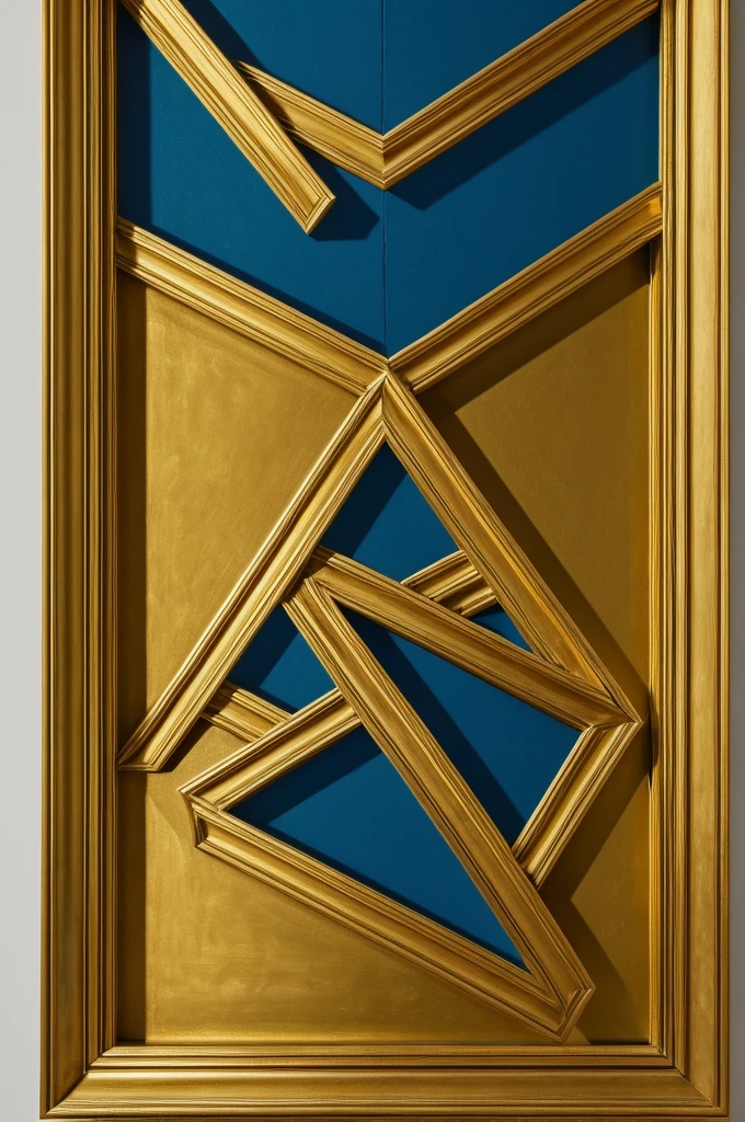 A painting and inside it has a sideways v with 4 rhombuses aligned in gold with a blue background