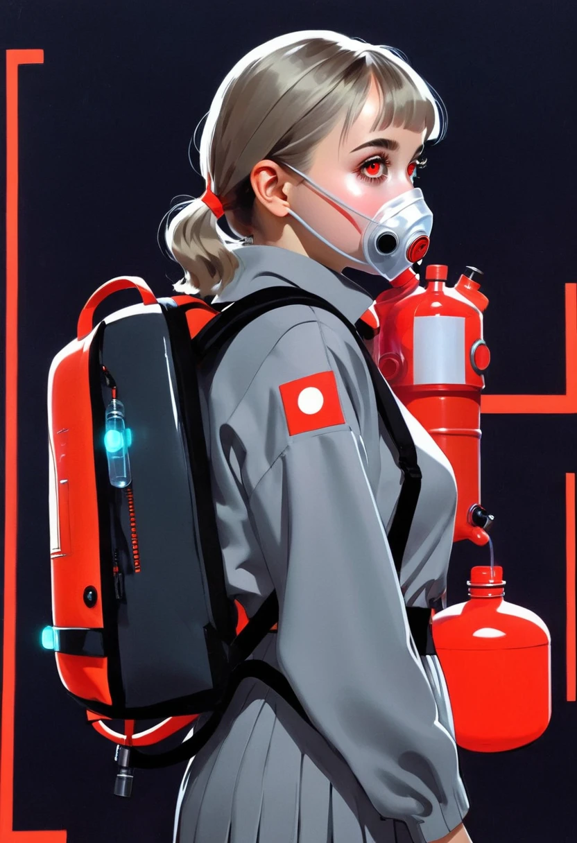 (Katherine Hyde Style:1.4), 1 girl,Gray sailor suit,Respiratory masks,Glowing eyes,Oxygen tank on its back,from the side,Fluorescent liquid,Insert 2 tubes in front of you,in the style of futuristic,(A weird red square metal backpack:1.4),