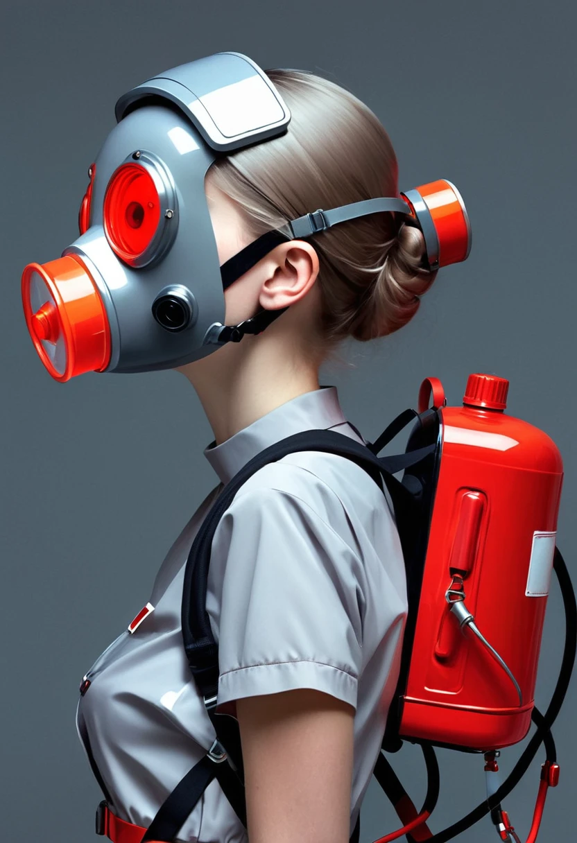 (Katherine Hyde Style:1.4), 1 girl,Gray sailor suit,Respiratory masks,Glowing eyes,Oxygen tank on its back,from the side,Fluorescent liquid,Insert 2 tubes in front of you,in the style of futuristic,(A weird red square metal backpack:1.4),