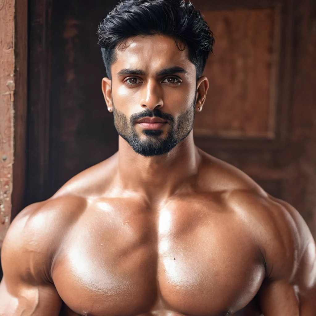tmasterpiece, Best quality at best, 8K high resolution, absurd res, actual, grabbing own pecs, There are scars on the nose, Bright, sexy and charming eyes,eBlack eyeelancholy Look,1boys, Alone, short detailed hair, pectoral focus, large pecs, Be red in the face, , black color hair, Seven doppelgangers, Muscular, smooth and shiny,indian wedding dress,Royal gold,looking at viewert, indian male instagram model influencer