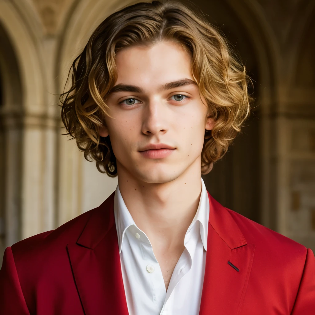 ((best quality)), ((masterpiece)), (detailed), 1boy, An attractive boy with shoulder-length, Blond hair, which he keeps curly. He has fair skin, and green eyes. Angular jawline. His outfit is red. He wears a red double-breasted blazer with six golden buttons. Thin arched eyebrows. Dark thin arched eyebrows. Green eyes. Blond curly shoulder-length hair.