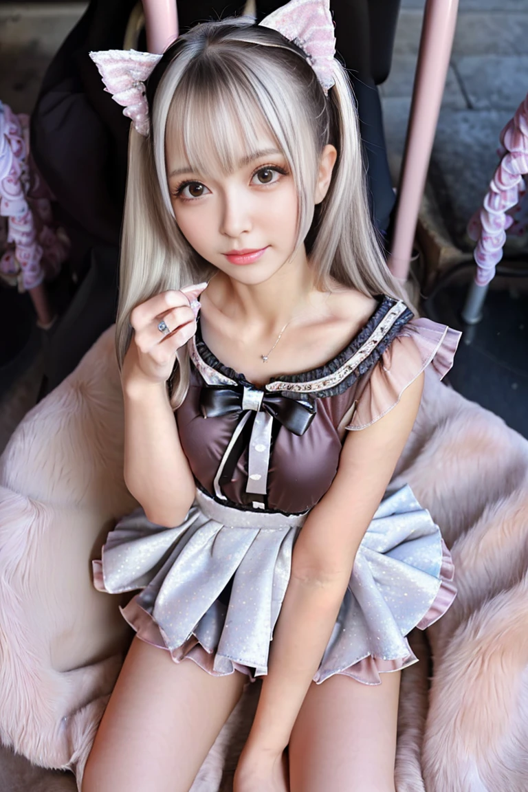 (masterpiece,best quality:1.4),Small Animal System,foreshortening,(8k,raw photo,photo realistic:1.2),realistic:1.4,anatomically correct,accurate,textured skin,shiny skin,shining hair,detailed skin,detailed face,detailed eyes,1girl,(((Japanese cute idol))),Intensely cute:1.3,small face (of a woman),cute face,(Very beautiful and clear baby skin detail,Realistic skin),(Very detailed eye sparkle:1.3),(Very detailed,Naturally breasts,,drooping eyes:1.4,),,(Very detailed Clear and beautiful breasts,),(Very detailed A happy girl, deep-tanned skin, 1 girl,),(Very Detailed long silver hair,Mine Trendy Clothing,minefield fashion,Mine makeup,accessories,Mine hairstyles,Fluttering ruffle mini skirt,open at the breast),(Very detailed Ferris wheel at an amusement park,safari park),(Very clear and beautiful background details:1.6,Realistic and accurate background:1.2),(Very detailed,,online shopping,LUMINE® Market,),upper body,pussy line:1.3,Front view:1.6,Taken from directly below:1.5,embarrassment:1.3,low angle,low position,,cowboy shot,,,POV,Very detailed show panties:1.5,sit on a chair,nsfw,open legs:1.3,spread legs:1.2,
