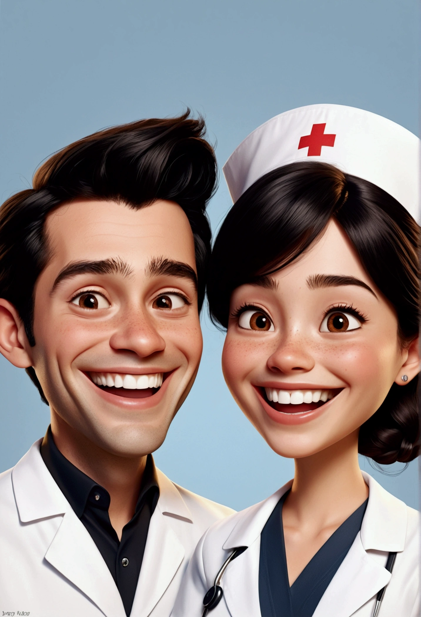 A Disney Pixar style couple, high quality, nurse woman light brown hair ( boy with black hair laughing)