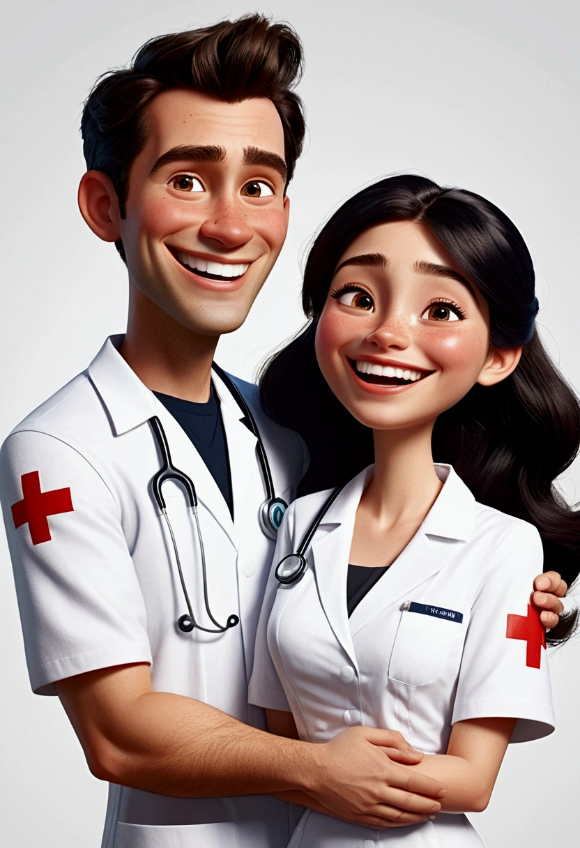 A Disney Pixar style couple, high quality, nurse woman light brown hair ( boy with black hair laughing)