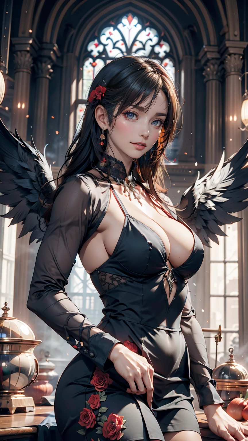 Beautiful flower angel, Futuristic Gothic style, Highly detailed face and body, Anime Style, Realistic, Cinema Lighting, Intricate floral pattern, Mysterious Wings, Dramatic Pose, Moody color palette, Volumetric Light Effects, Ultra-realistic textures, Flamboyant Gothic architecture, Amazing digital art