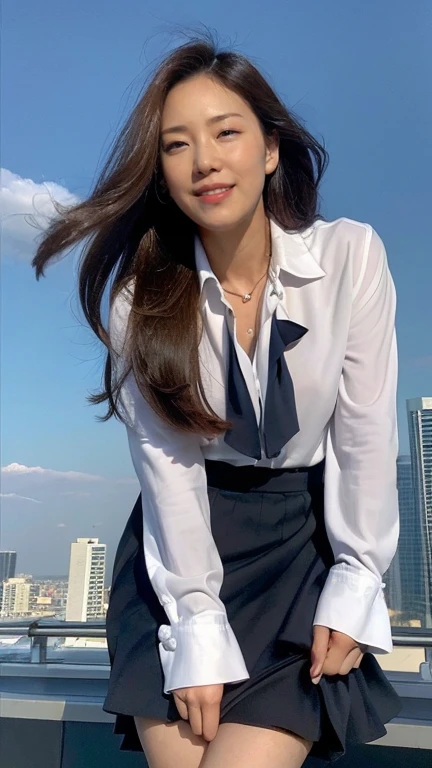 ((Highest quality)), ((8k)), ((masterpiece: 1.3)), (Perfect appearance), (Photorealism: 1.6), (Ultra-high resolution), (Late Night: 1.4), (Skyscraper rooftop: 1.4), (Rooftop without railings: 1.2), (Night sky with the moon peeking through the clouds: 1.4), (Windy rooftop: 1.4), (屋上の縁にJapanese Matureが立っている: 1.6), (Pay attention to the posture of the woman: 1.4), (Woman Standing in the Center: 1.4), (Angle from the legs: 1.4), (20-year-old, Japanese Mature), ((Realistic skin texture)), ((Realistic skin texture)), (Fine wrinkles all over the skin), (Dullness), (Facial wrinkles), (Wrinkles around the eyes), double eyelid, Tear bags under the eyelids, Smiling Kindly, (Semi-long hair: 1.6), (Strong winds mess up long hair: 1.4), (Soft fabric blouse: 1.2), (Flared long skirt: 1.2), (Her blouse and skirt are fluttering in the wind.: 1.4), (High heels: 1.2), (Face close-up: 1.4),