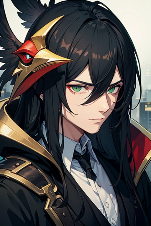 a close up of a man with black hair and green eyes wearing a plague beak mask behind him a night light of cities.