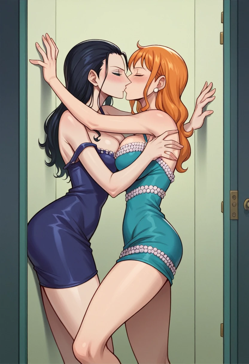 2girls, art by Eiichirio Oda, moonlit night, hotel room, dark ambient, nico robin wearing a very short party dress which is chest revealing, nico robin's dress is falling off from shoulder, nico robin is stuck against the wall standing by nami, they are kissing each other