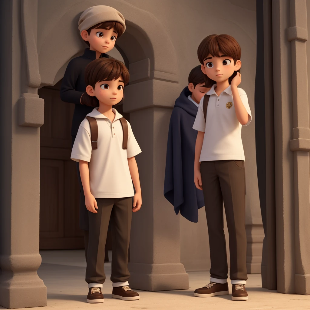 A boy is standing and a girl has her head bowed below the boy's feet.