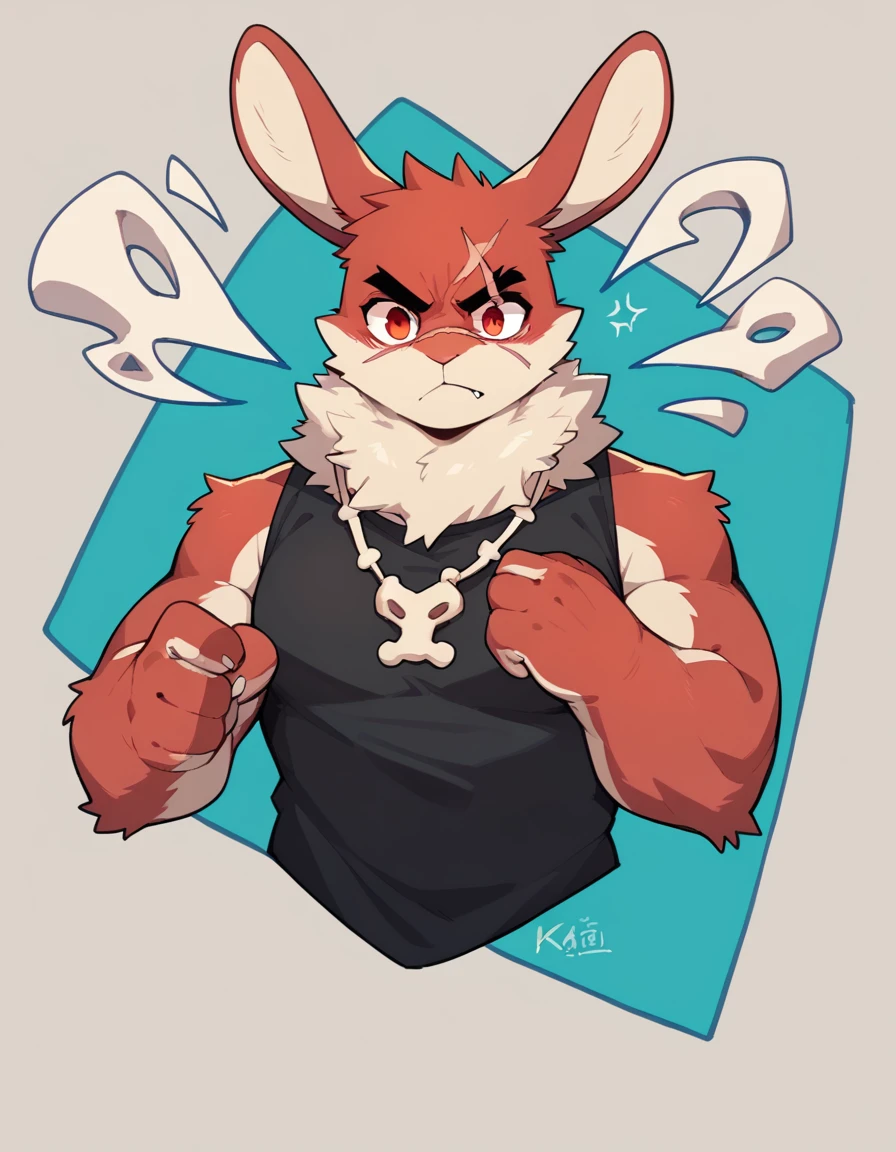 (Rabbit), anthropomorphic red rabbit, alone, Full body, (scar on left eye), (2-tone white and red fur), (neck), (perfect red eyes:1.4), (Artist:Takemoto Arashi), twitch, mature face, older, clear facial details, Rough intimidating, , side of character, long eyelashes, fang, serius , Black shirt, Bone necklace, exposing chest, ((show upper body)), ((Bust)), Full Length Portrait, Tonalism, Head Out of Frame, Outer Border, Tachi-E, High Details