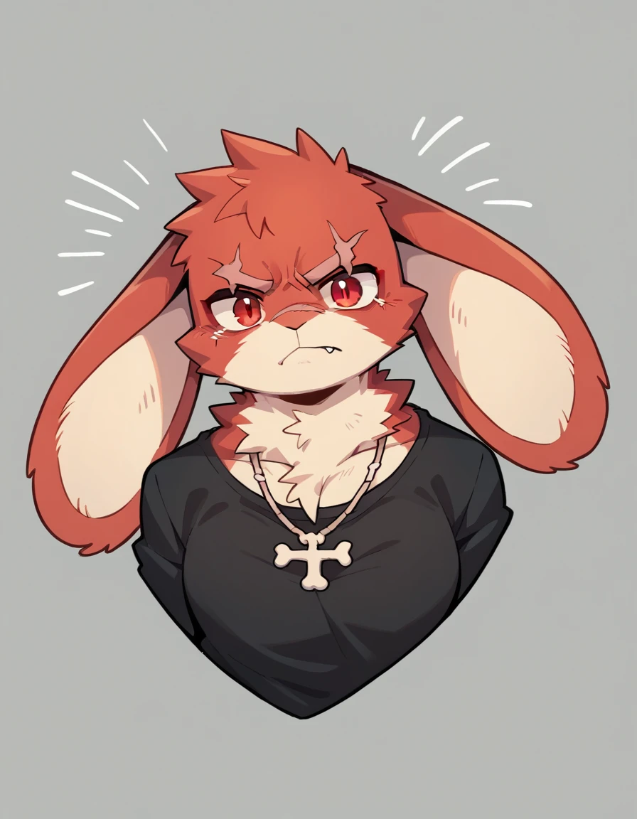 (Rabbit), anthropomorphic red rabbit, alone, Full body, (scar on left eye), (2-tone white and red fur), (neck), (perfect red eyes:1.4), (Artist:Takemoto Arashi), twitch, mature face, older, clear facial details, Rough intimidating, , side of character, long eyelashes, fang, serius , Black shirt, Bone necklace, exposing chest, ((show upper body)), ((Bust)), Full Length Portrait, Tonalism, Head Out of Frame, Outer Border, Tachi-E, High Details