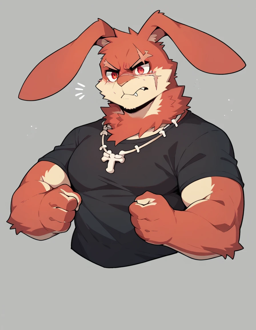 (Rabbit), anthropomorphic red rabbit, alone, Full body, (scar on left eye), (2-tone white and red fur), (neck), (perfect red eyes:1.4), （Artist:Takemoto Arashi）, twitch, mature face, older, clear facial details, Rough intimidating, , side of character, long eyelashes, fang, serius , Black shirt,  Bone necklace, exposing chest, ((show upper body)), ((Bust)), Full Length Portrait, Tonalism, Head Out of Frame, Outer Border, Tachi-E, High Details