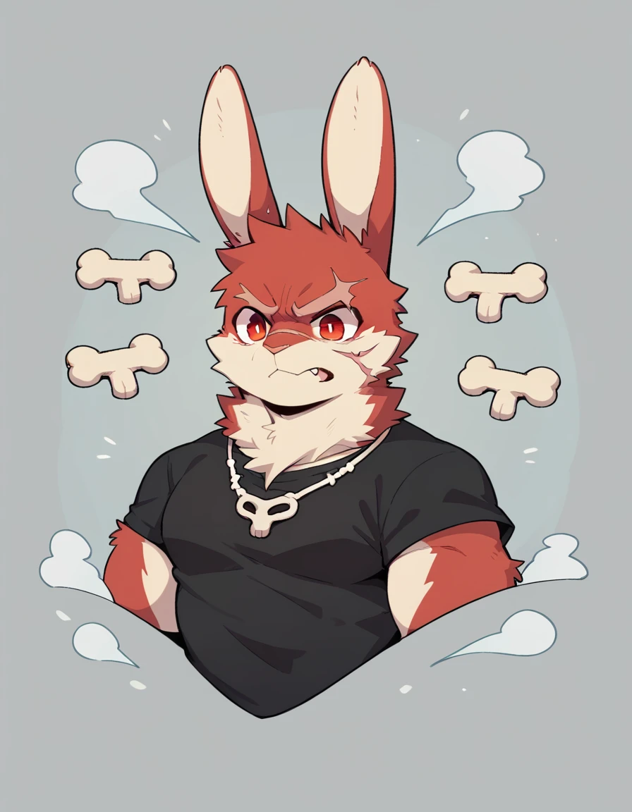 (Rabbit), anthropomorphic red rabbit, alone, Full body, (scar on left eye), (2-tone white and red fur), (neck), (perfect red eyes:1.4), （Artist:Takemoto Arashi）, twitch, mature face, older, clear facial details, Rough intimidating, , side of character, long eyelashes, fang, serius , Black shirt,  Bone necklace, exposing chest, ((show upper body)), ((Bust)), Full Length Portrait, Tonalism, Head Out of Frame, Outer Border, Tachi-E, High Details