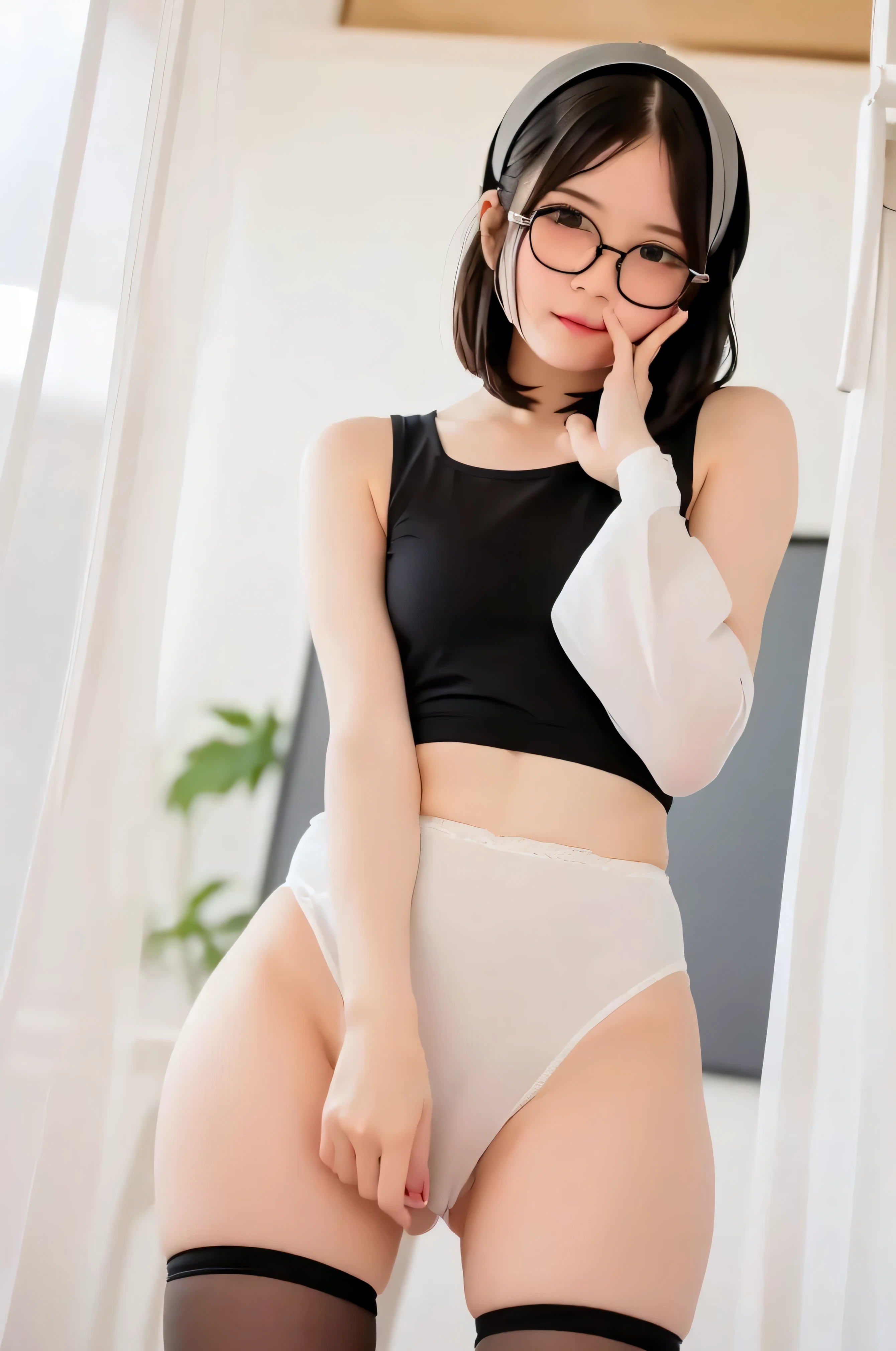 (masterpiece, Highest quality, It captures a very cute moment, Depth of written boundary, Super detailed, Ultra-high resolution, C4D, Octadale, 3D Modeling,Realistic human photos、 8k, 16K, One Girl,, 、Small breasts,Black Hair,short hair,Straight Hair,Light brown eyes,White headband,Wearing black glasses,Cute Face), Bloomers, Black tank top, zettai ryouiki, Wet clothes,Classroom Nights,Moonlight, Good elevator, Take off、Real-life skin、Not an anime、Realistic、