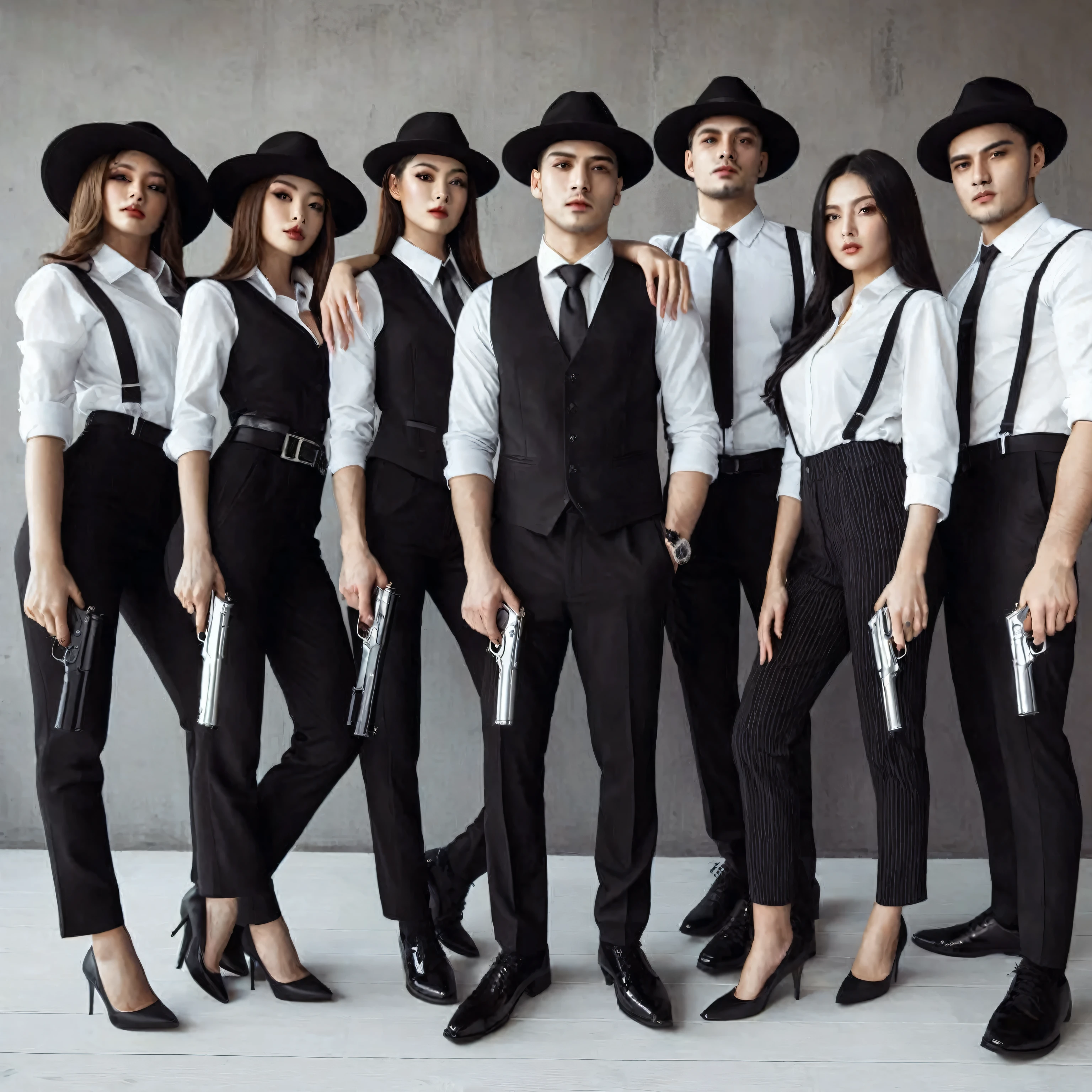 group photos must consist of 6 people; 1 men along with 5 women wearing matching mafia clothes standing posing for photo shoot in front of gray wall, White shirt, Black vest, Black trousers, Hat, Black shoes, Stick and Gun, mafia outfit, mafia styles, cool candid pose, perfect fingers, intricate details, photorealistic, realistic human, UHD, high quality photos, 16K
