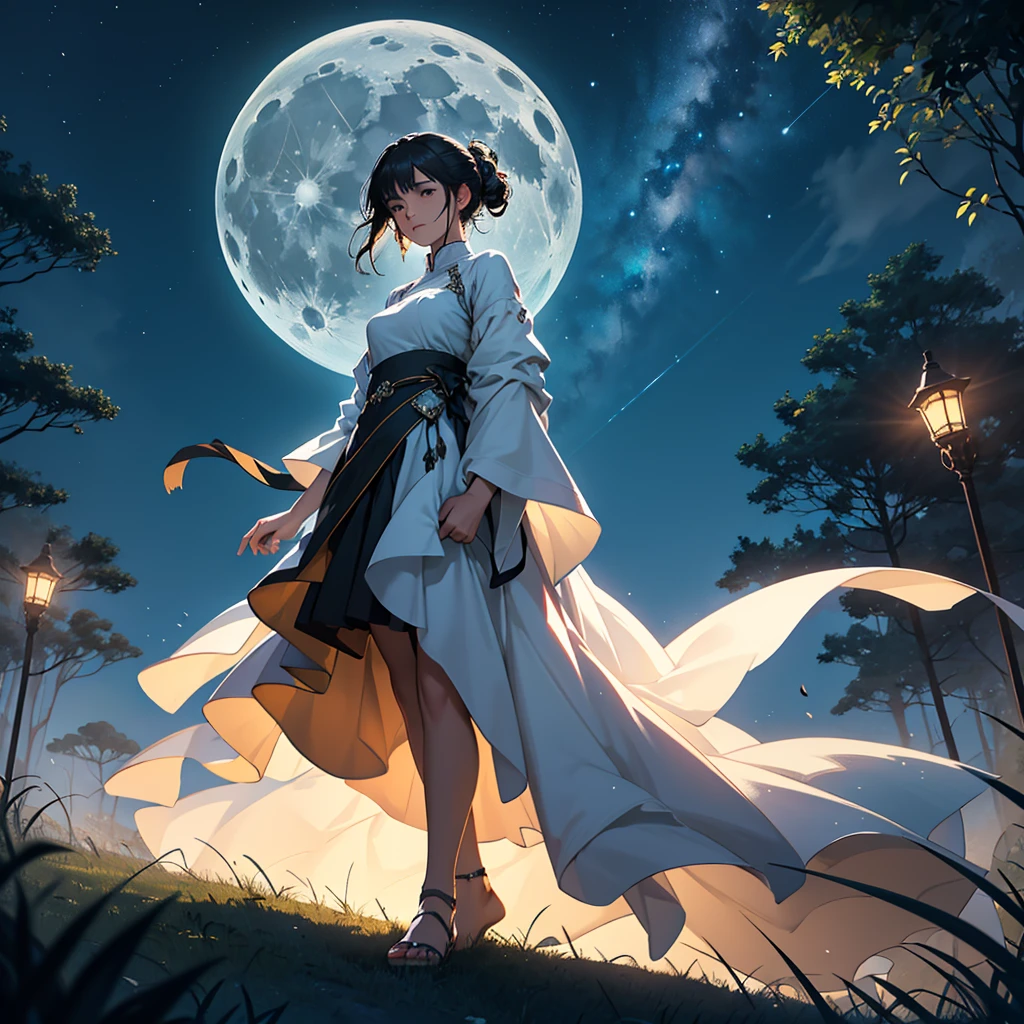 Under the canopy of a star-strewn sky, she stood alone on the edge of a tranquil meadow. The scene, captured with the utmost clarity and detail by a state-of-the-art camera, revealed every nuance of the moment. Her silhouette, framed by the silvery glow of the moon, faced away from me, her dark hair softly tousled by the gentle night breeze. The grass beneath her bare feet was cool and damp with dew, each blade meticulously rendered in the high-resolution image taken with a Nikon D850. With one hand lightly resting on a weathered wooden fencepost, she leaned forward ever so slightly, her gaze fixed on the luminous orb suspended high above. The night around her was alive with the symphony of crickets and the occasional whisper of leaves stirring in the wind. The moon bathed everything in its serene glow, casting long shadows that danced playfully around her. Her presence seemed both ethereal and rooted in the earth beneath her, as if she were a part of the nocturnal landscape that unfolded around her. In that quiet moment, it felt as though she held a secret conversation with the moon itself, lost in contemplation or perhaps seeking solace under its celestial embrace. The world stood still, enveloped in the magic of the night, as she stood there, a solitary figure captivated by the beauty of the lunar spectacle.