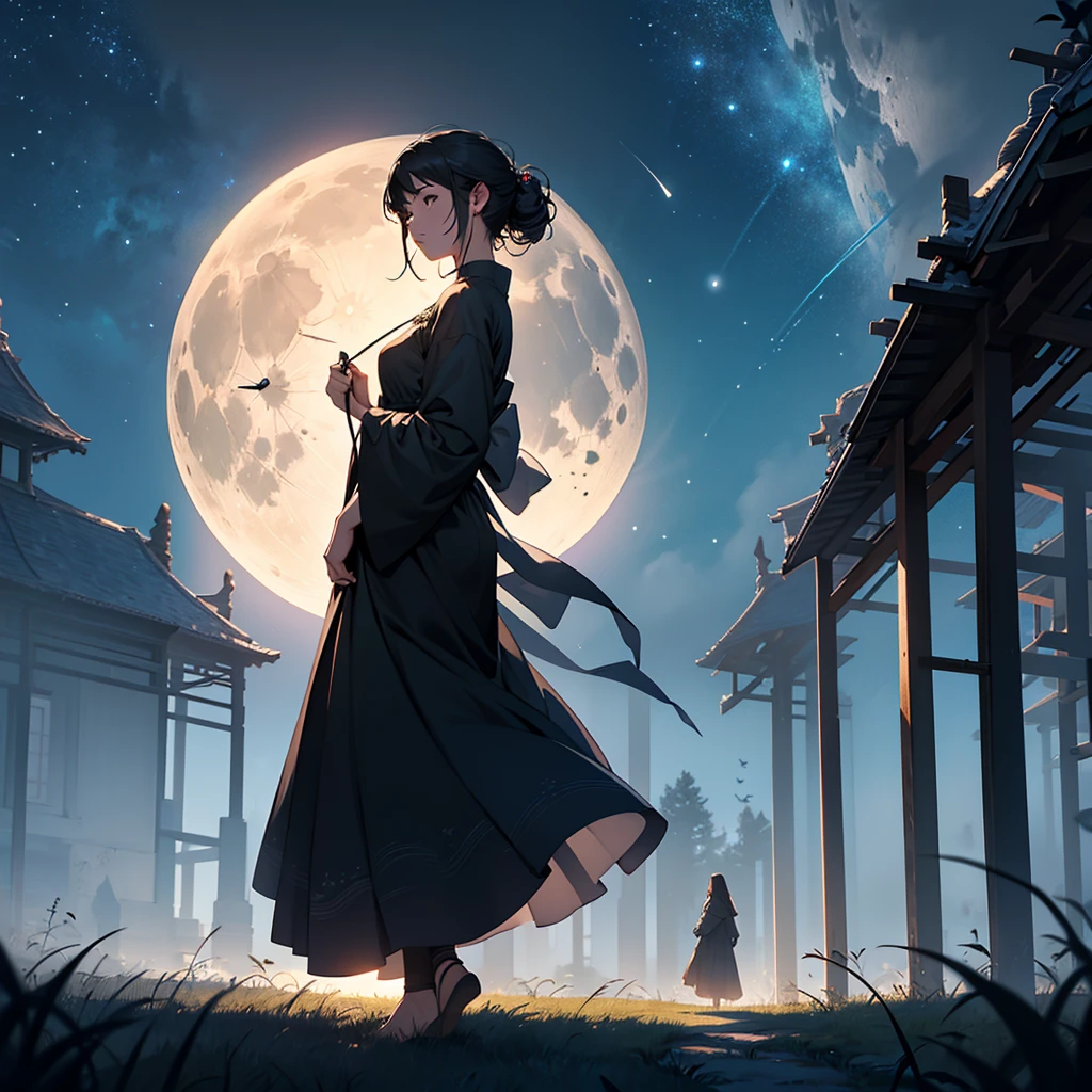 Under the canopy of a star-strewn sky, she stood alone on the edge of a tranquil meadow. The scene, captured with the utmost clarity and detail by a state-of-the-art camera, revealed every nuance of the moment. Her silhouette, framed by the silvery glow of the moon, faced away from me, her dark hair softly tousled by the gentle night breeze. The grass beneath her bare feet was cool and damp with dew, each blade meticulously rendered in the high-resolution image taken with a Nikon D850. With one hand lightly resting on a weathered wooden fencepost, she leaned forward ever so slightly, her gaze fixed on the luminous orb suspended high above. The night around her was alive with the symphony of crickets and the occasional whisper of leaves stirring in the wind. The moon bathed everything in its serene glow, casting long shadows that danced playfully around her. Her presence seemed both ethereal and rooted in the earth beneath her, as if she were a part of the nocturnal landscape that unfolded around her. In that quiet moment, it felt as though she held a secret conversation with the moon itself, lost in contemplation or perhaps seeking solace under its celestial embrace. The world stood still, enveloped in the magic of the night, as she stood there, a solitary figure captivated by the beauty of the lunar spectacle.