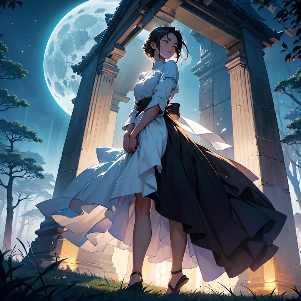 Under the canopy of a star-strewn sky, she stood alone on the edge of a tranquil meadow. The scene, captured with the utmost clarity and detail by a state-of-the-art camera, revealed every nuance of the moment. Her silhouette, framed by the silvery glow of the moon, faced away from me, her dark hair softly tousled by the gentle night breeze. The grass beneath her bare feet was cool and damp with dew, each blade meticulously rendered in the high-resolution image taken with a Nikon D850. With one hand lightly resting on a weathered wooden fencepost, she leaned forward ever so slightly, her gaze fixed on the luminous orb suspended high above. The night around her was alive with the symphony of crickets and the occasional whisper of leaves stirring in the wind. The moon bathed everything in its serene glow, casting long shadows that danced playfully around her. Her presence seemed both ethereal and rooted in the earth beneath her, as if she were a part of the nocturnal landscape that unfolded around her. In that quiet moment, it felt as though she held a secret conversation with the moon itself, lost in contemplation or perhaps seeking solace under its celestial embrace. The world stood still, enveloped in the magic of the night, as she stood there, a solitary figure captivated by the beauty of the lunar spectacle.