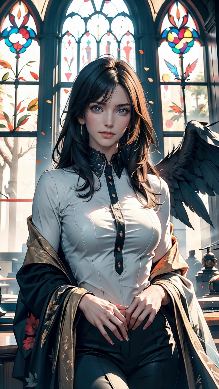 Beautiful flower angel, Futuristic Gothic style, Highly detailed face and body, Anime Style, Realistic, Cinema Lighting, Intricate floral pattern, Mysterious Wings, Dramatic Pose, Moody color palette, Volumetric Light Effects, Ultra-realistic textures, Flamboyant Gothic architecture, Amazing digital art