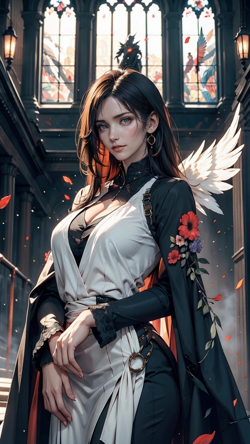 Beautiful flower angel, Futuristic Gothic style, Highly detailed face and body, Anime Style, Realistic, Cinema Lighting, Intricate floral pattern, Mysterious Wings, Dramatic Pose, Moody color palette, Volumetric Light Effects, Ultra-realistic textures, Flamboyant Gothic architecture, Amazing digital art