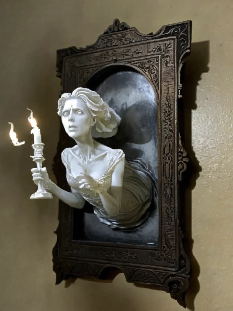 3D model of a woman holding a candle in a frame, a surrealist sculpture, New Sculpture, The ghost came out of the mirror, Haunted House, Dark atmosphere，moonlight, moon, close up, Practical, Very detailed, complex